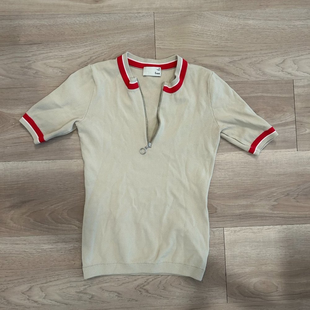 Wilfred Free - Quarter zip short/sleeve work top, tan w/ striped trim XS